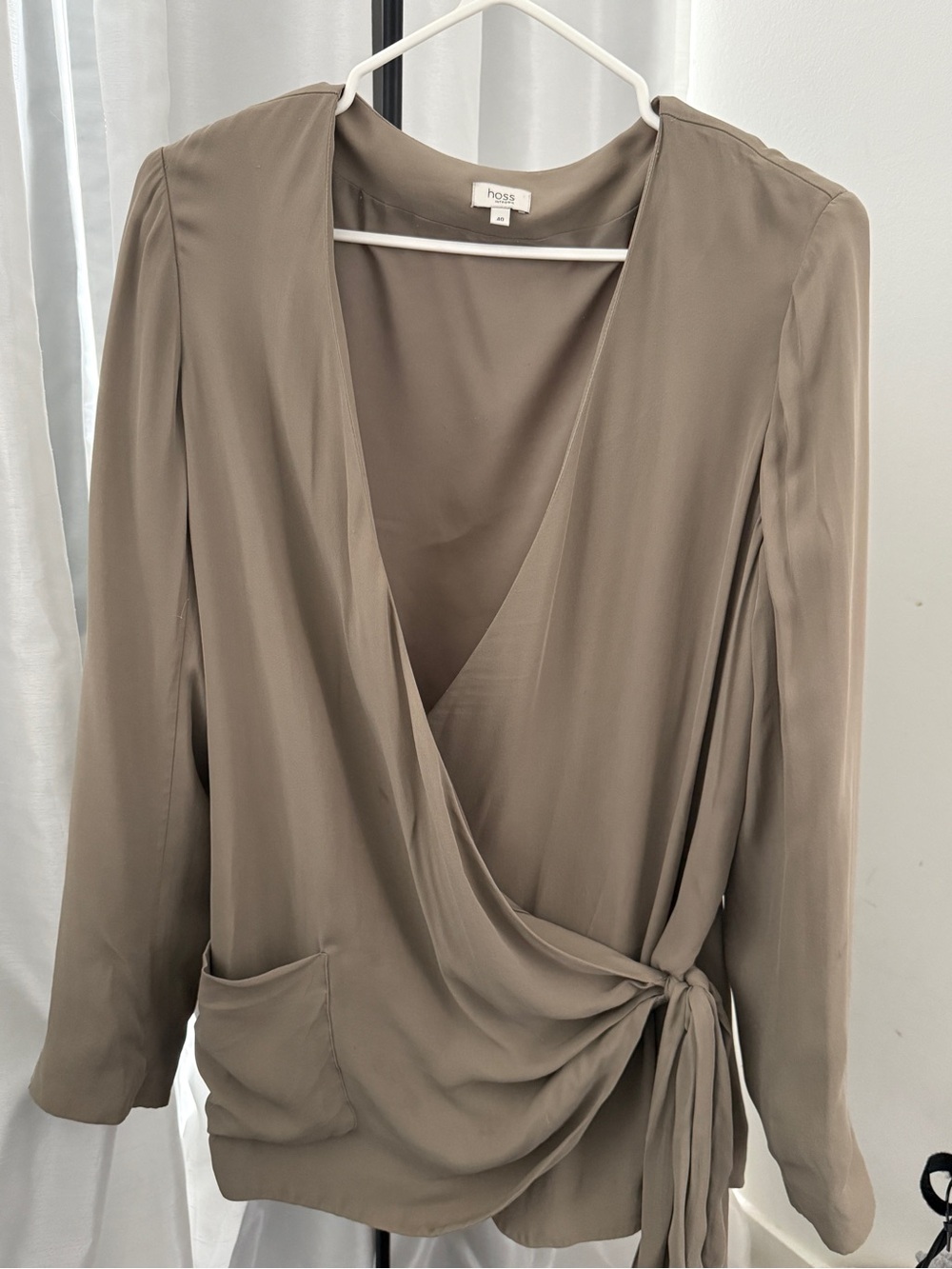 taupe Silk Wrap Blouse with Side Tie